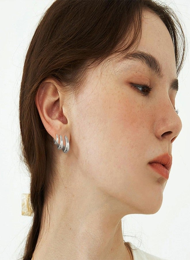 ASCOMY Hoop Earrings Set for Women Silver Huggie Hoops Earrings 14K White Gold Plated 3 Pairs Chunky Circle Hoop Buckle Earrings Set Lightweight Hypoallergenic Jewelry Gifts for Women - Image 4